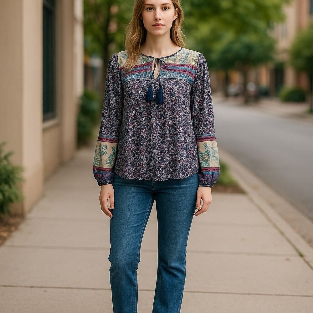 NEW Grace+Karma Peasant Blouse Tunic Women XL Pink Floral Boho Patchwork Smocked